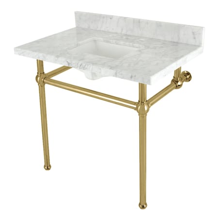 Kingston Brass 36 Console Sink with Brass Legs 8Inch, 3 Hole, Marble WhiteBrushed Brass KVBH3622M8SQ7